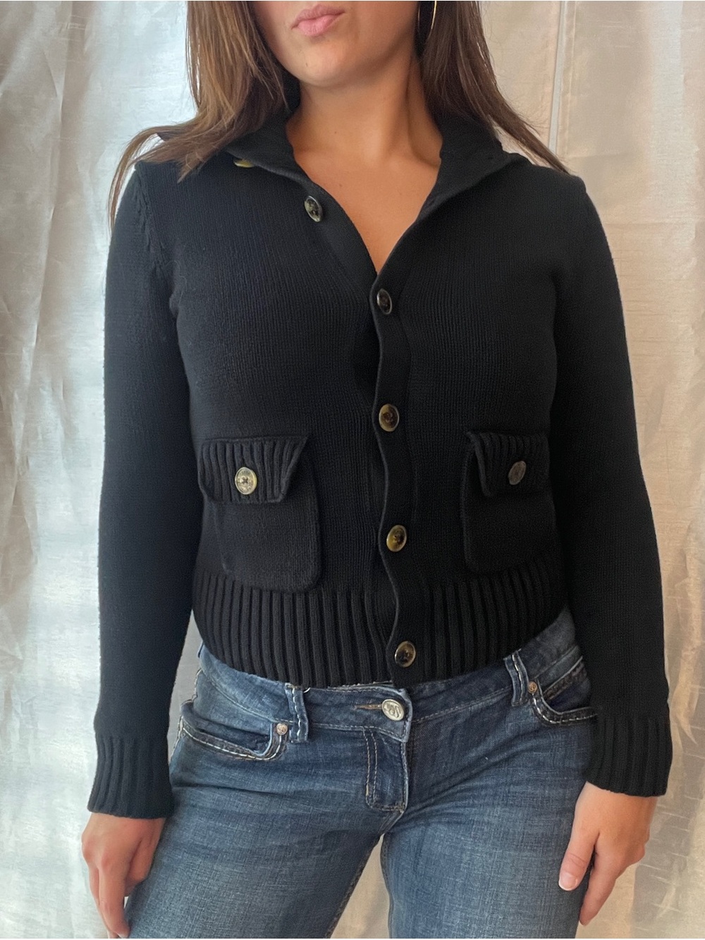 Lauren Ralph Lauren Cropped Cardigan Womens XS Black Knit Minimalist Preppy 90s
